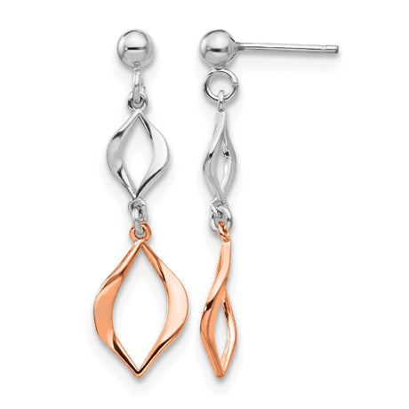 Sterling Silver Dangle Earrings, Rose Gold Accents, Open Marquise Twisted Design