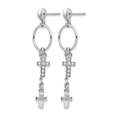 Sterling Silver Cross Dangle Earrings with Cubic Zirconia and Plain Double Cross Design