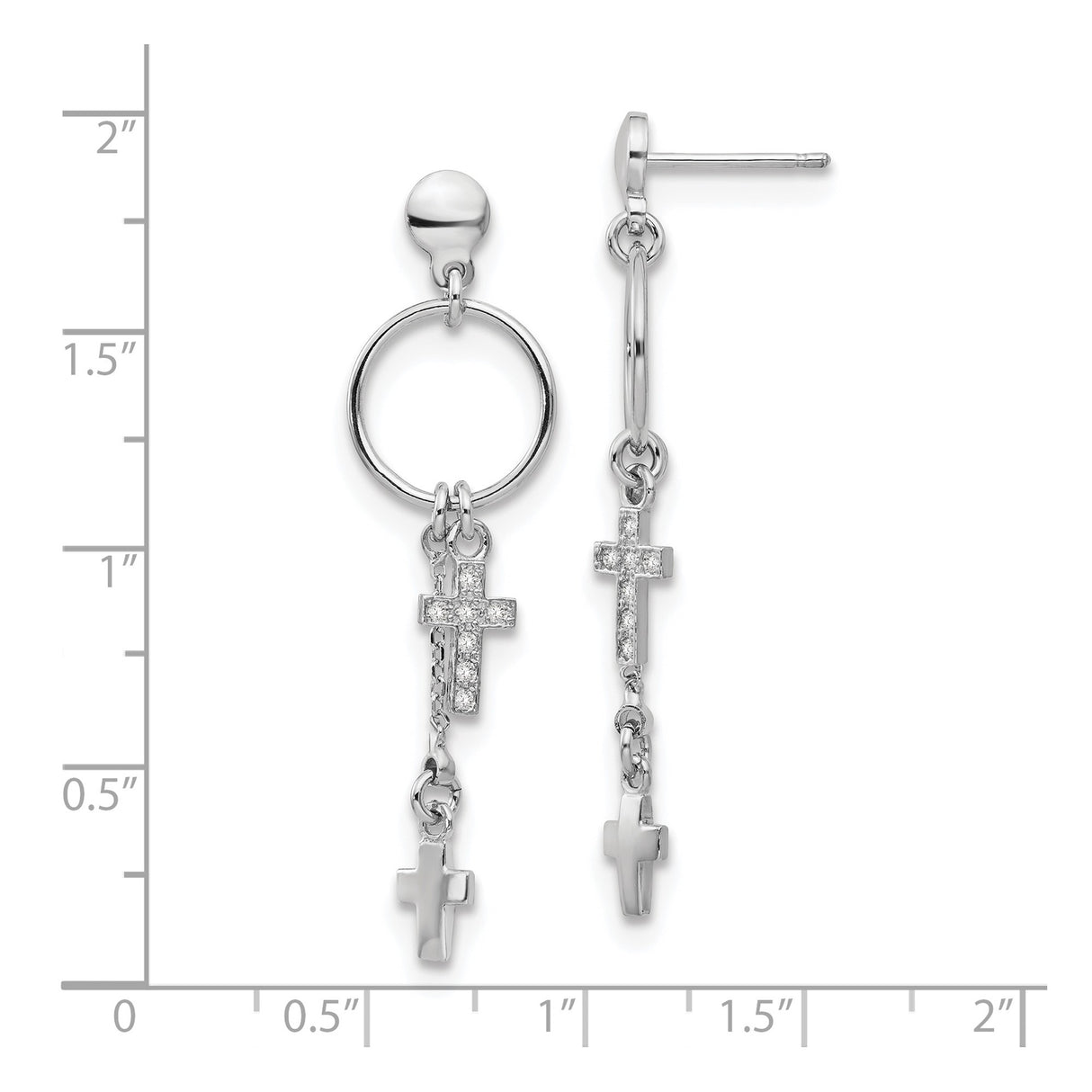 Sterling Silver Cross Dangle Earrings with Cubic Zirconia and Plain Double Cross Design