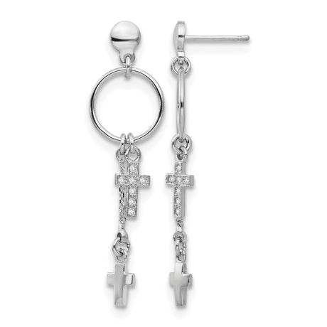 Sterling Silver Cross Dangle Earrings with Cubic Zirconia and Plain Double Cross Design