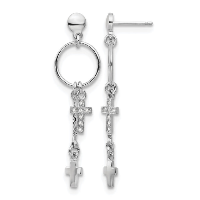 Sterling Silver Cross Dangle Earrings with Cubic Zirconia and Plain Double Cross Design
