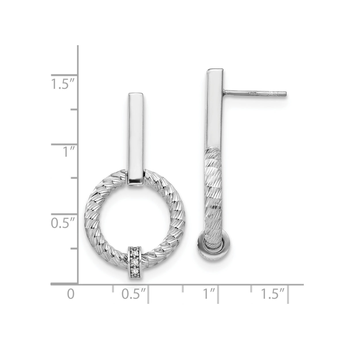 Sterling Silver Drop Earrings with Cubic Zirconia, Textured Circle and Bar Design, Modern Statement Style