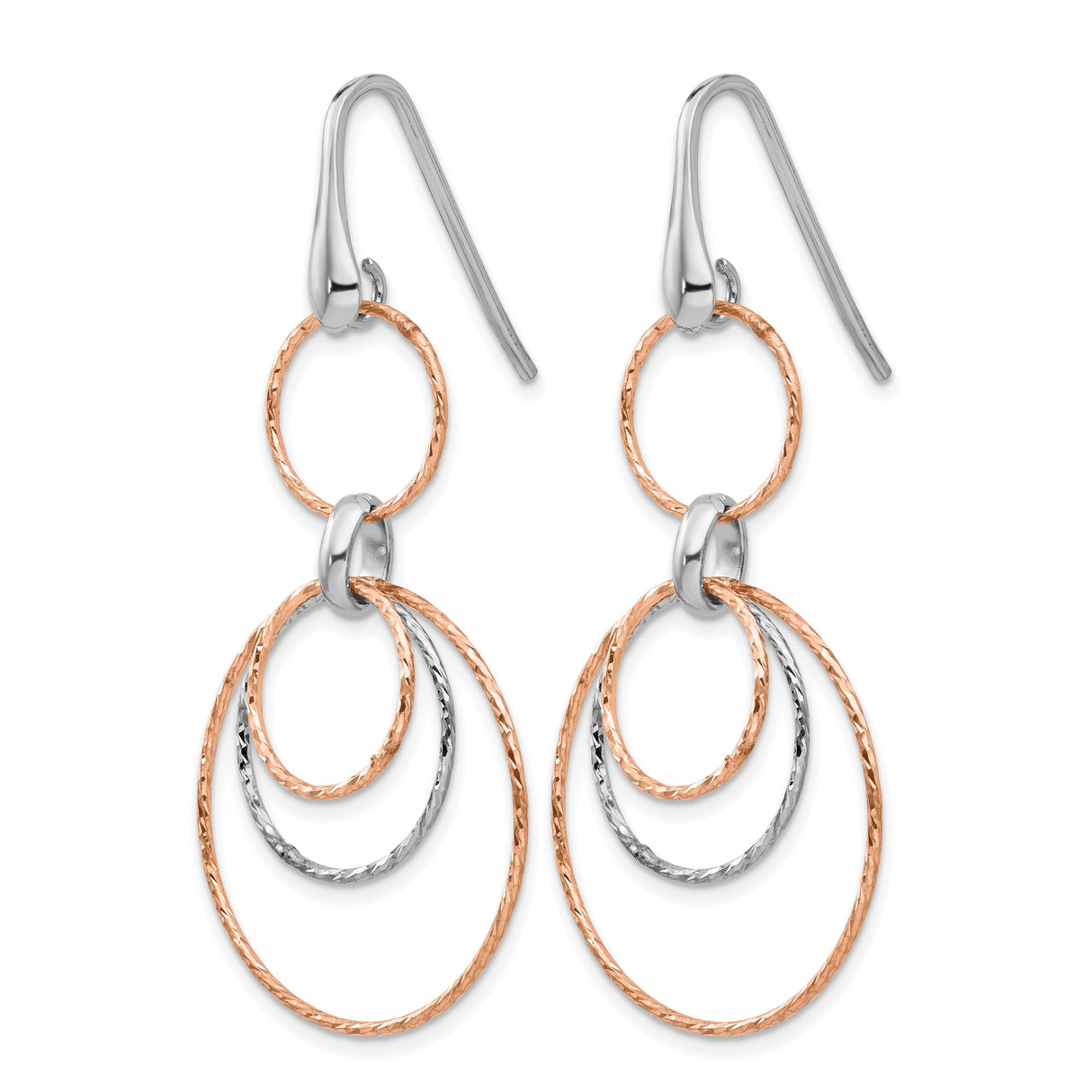Sterling Silver Dangle Earrings with Interlocking Hoops, Rose Plated Accents, Modern Layered Design