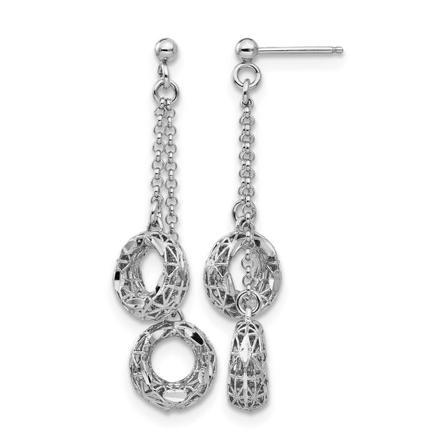 Sterling Silver Dangle Earrings with Triple Open Circle Drop and Diamond Cut Texture