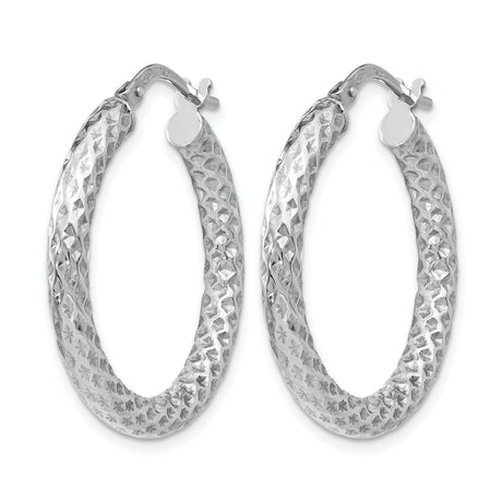 Sterling Silver Hoop Earrings, Diamond Cut Textured Faceted Design, Polished Medium Style