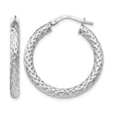 Sterling Silver Hoop Earrings, Diamond Cut Textured Faceted Design, Polished Medium Style