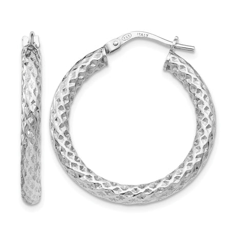 Sterling Silver Hoop Earrings, Diamond Cut Textured Faceted Design, Polished Medium Style