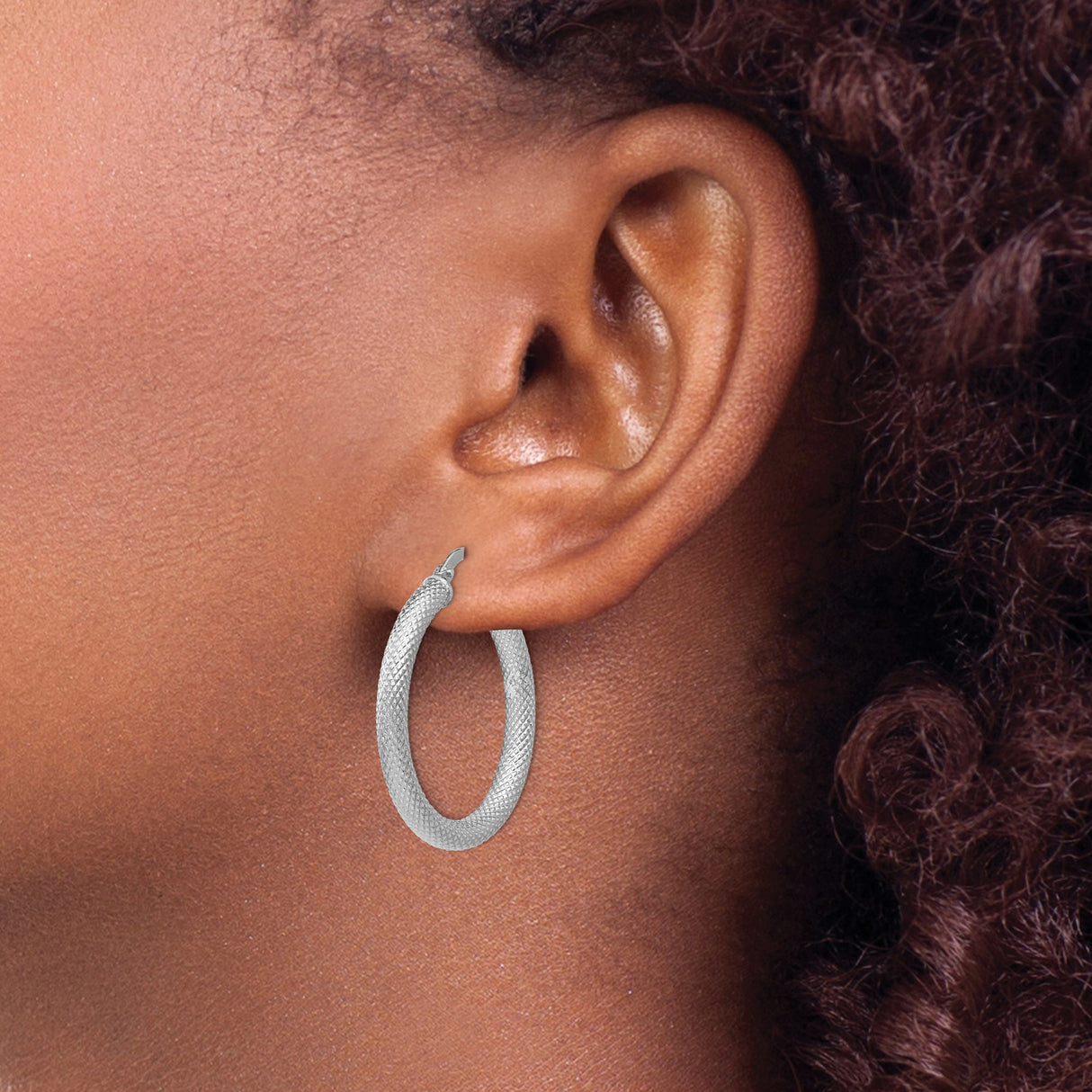 Sterling Silver Hoop Earrings, Woven Textured Diamond Cut Round Design with Locking Clasp