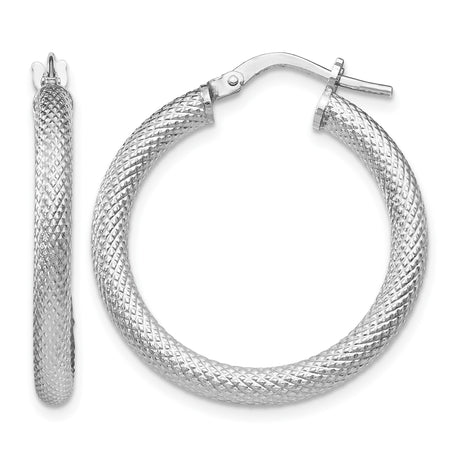 Sterling Silver Hoop Earrings, Woven Textured Diamond Cut Round Design with Locking Clasp