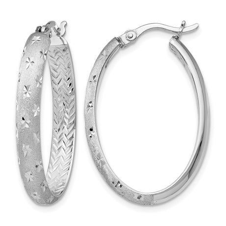 Sterling Silver Oval Hoop Earrings with Textured Star Pattern and Diamond Cut Detail