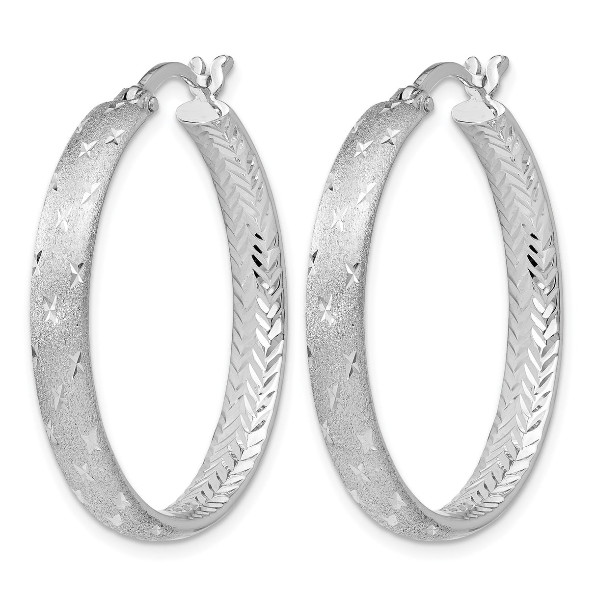 Sterling Silver Hoop Earrings with Diamond-Cut Chevron and Star Pattern