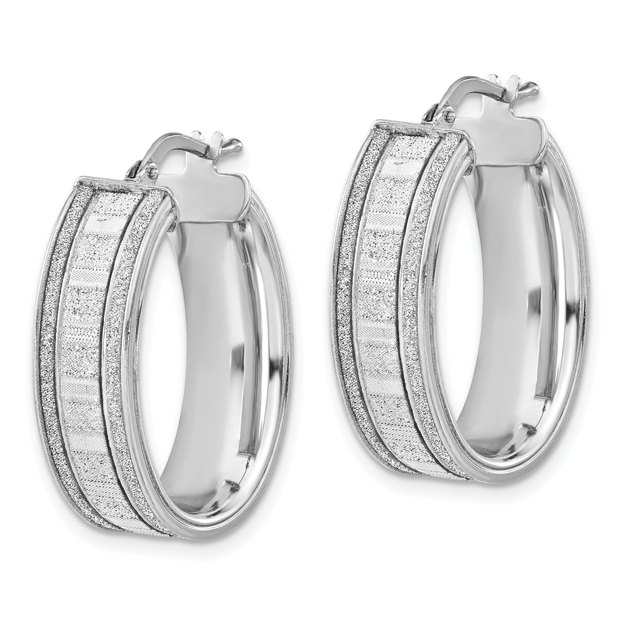 Sterling Silver Oval Hoop Earrings with Polished and Diamond-Cut Striped Texture