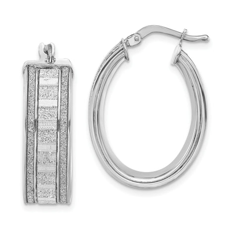 Sterling Silver Oval Hoop Earrings with Polished and Diamond-Cut Striped Texture