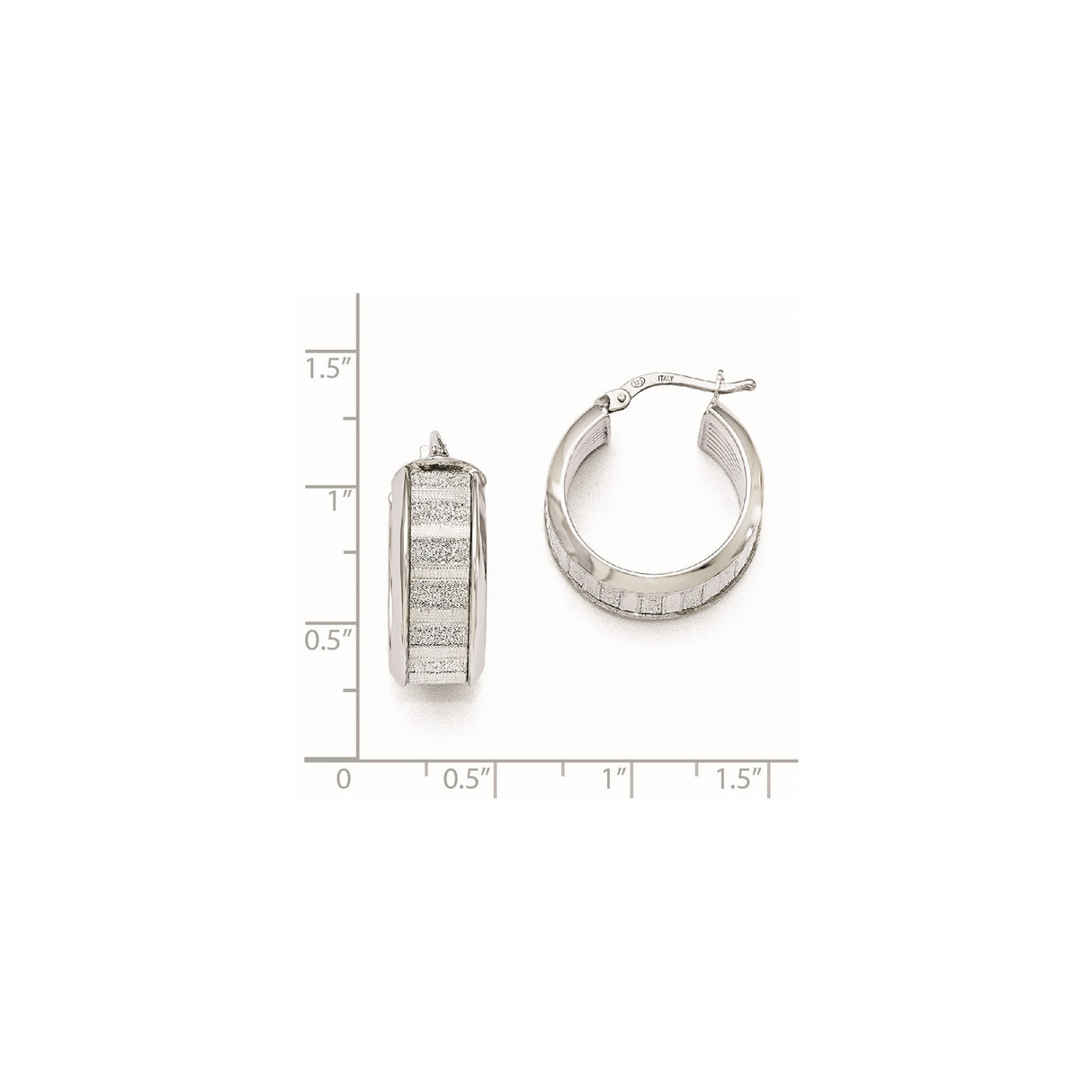 Sterling Silver Hoop Earrings, Wide Band with Brushed and Glitter Accents