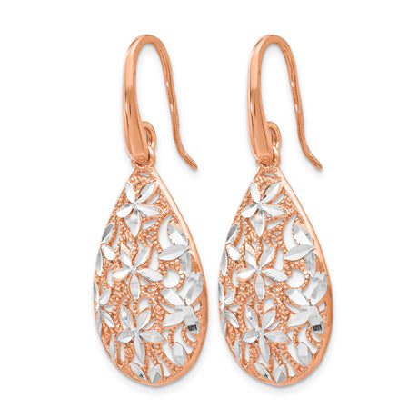 Sterling Silver Teardrop Dangle Earrings with Rose Gold Plating, Floral Filigree Design