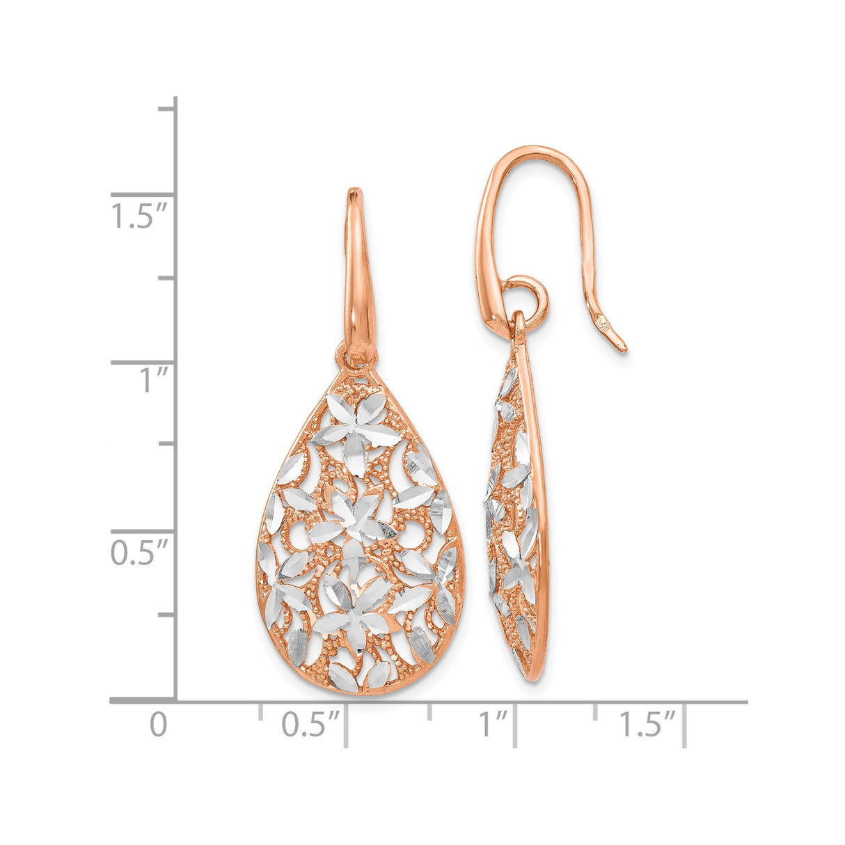 Sterling Silver Teardrop Dangle Earrings with Rose Gold Plating, Floral Filigree Design
