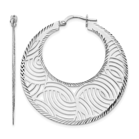 Sterling Silver Hoop Earrings with Swirl Cutout Design and Textured Edges