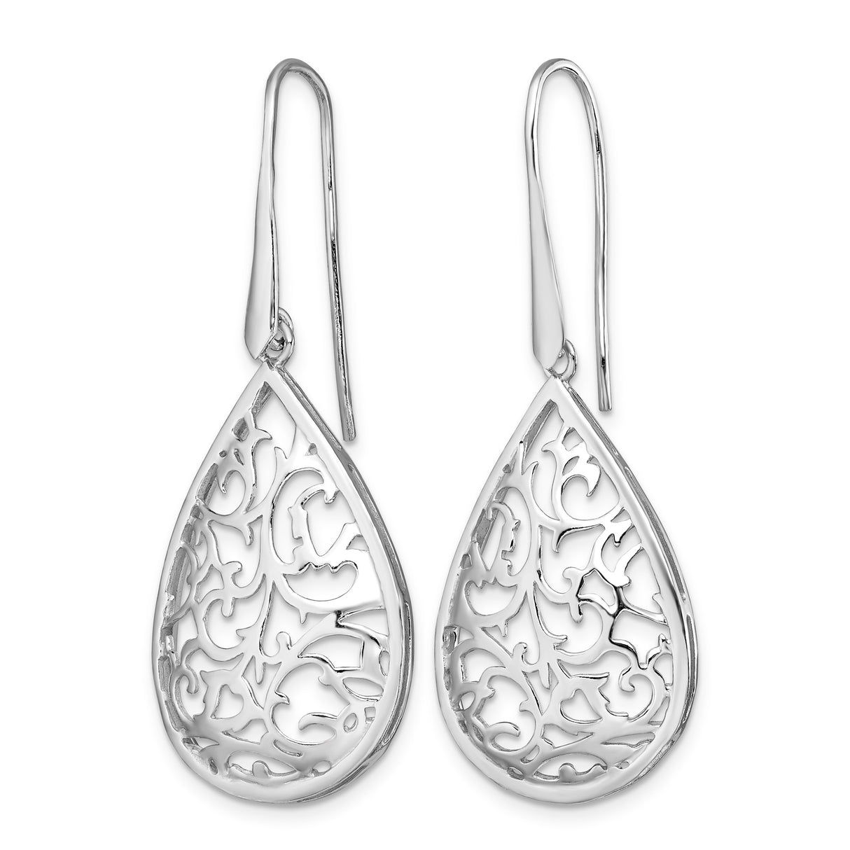 Sterling Silver Teardrop Dangle Earrings with Filigree Vine and Floral Openwork Design