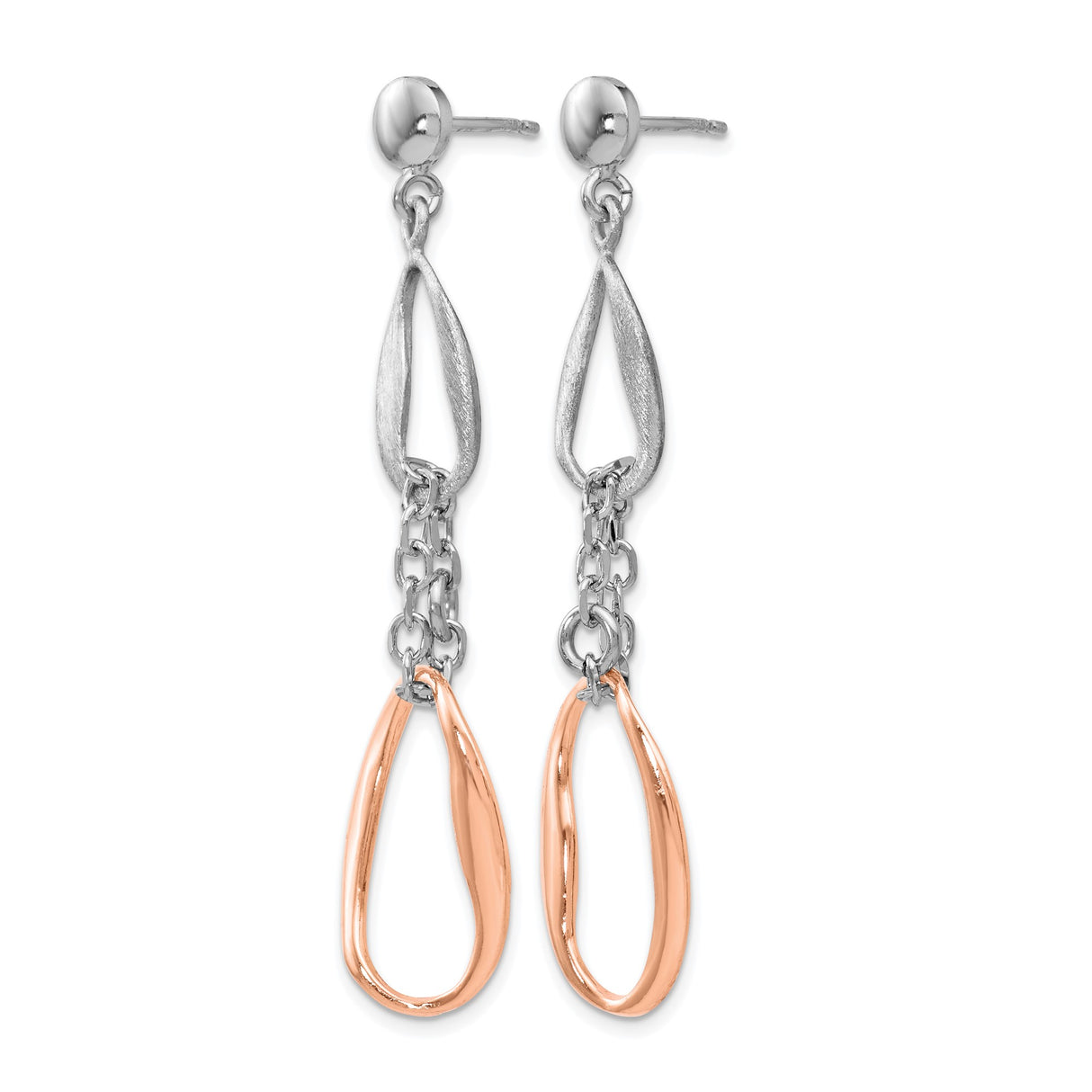 Sterling Silver Dangle Earrings with Rose Gold Accents, Asymmetrical Oval and Teardrop Design