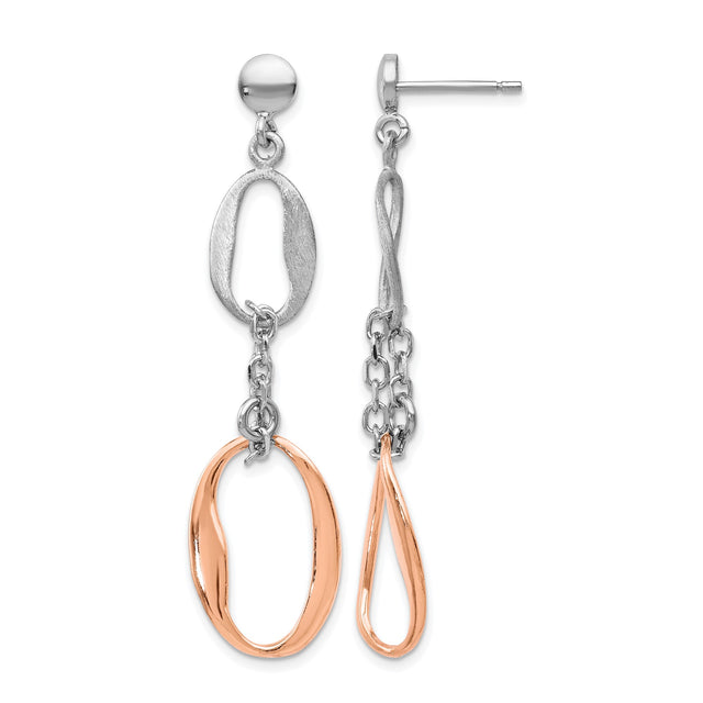 Sterling Silver Dangle Earrings with Rose Gold Accents, Asymmetrical Oval and Teardrop Design