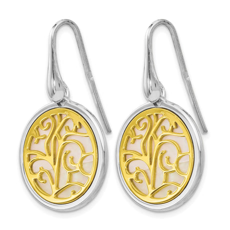 Sterling Silver Dangle Earrings with Tree of Life over Mother of Pearl Inlay, Round Drop Design