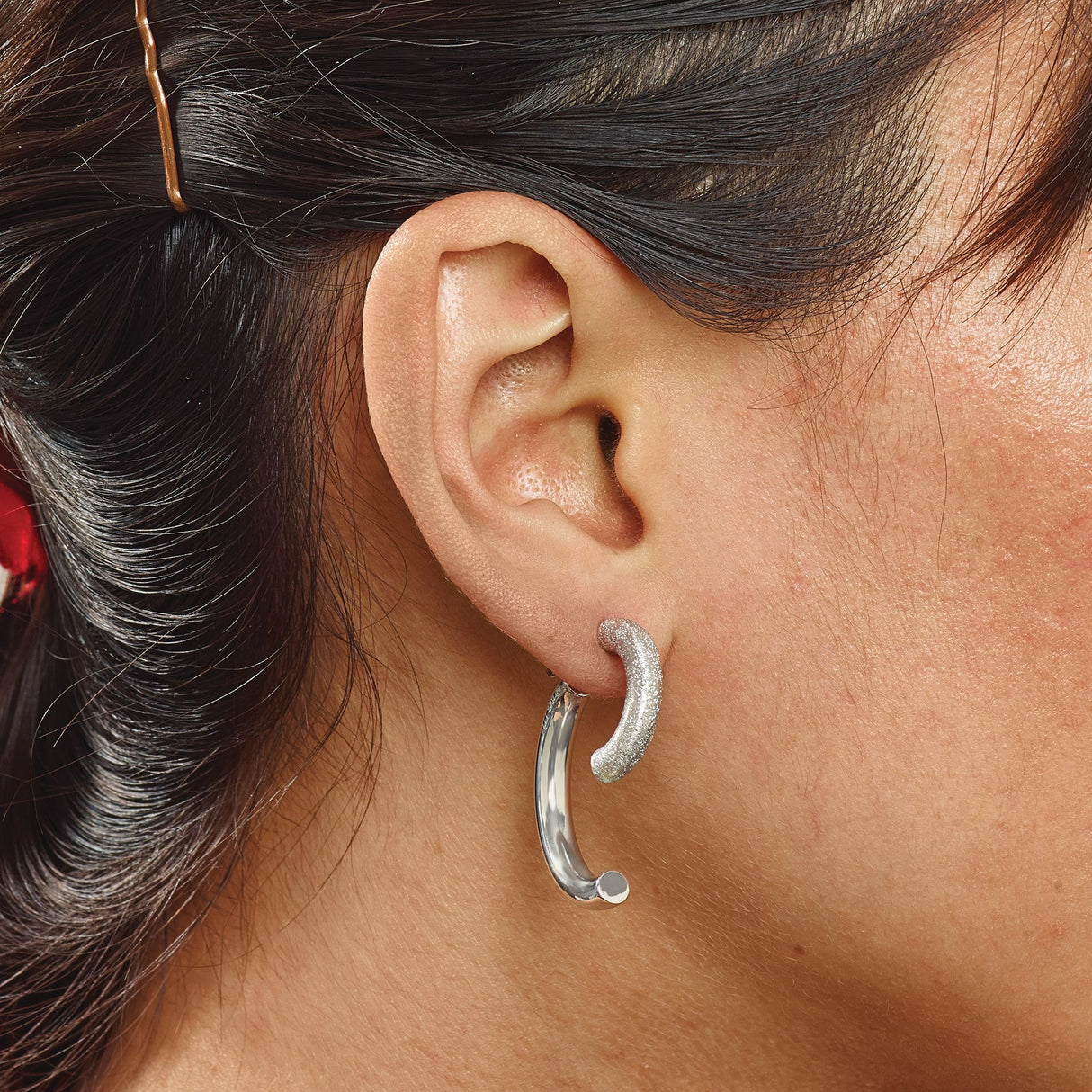 Sterling Silver Half Hoop Earrings with Matte and Polished Finish, Modern Minimalist Design