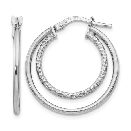 Sterling Silver Double Hoop Earrings with Polished and Diamond-Cut Bands, Lightweight Italian Design