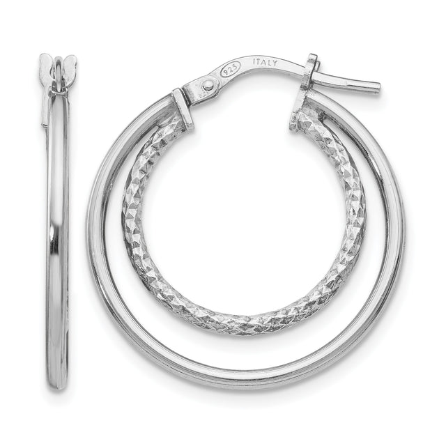 Sterling Silver Double Hoop Earrings with Polished and Diamond-Cut Bands, Lightweight Italian Design