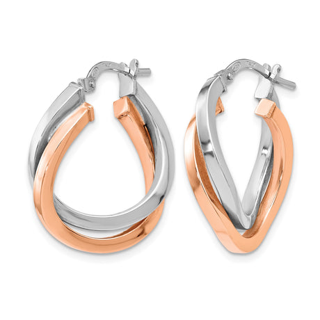 Sterling Silver Twisted Hoop Earrings with Rose Gold Interlocking Design for Women