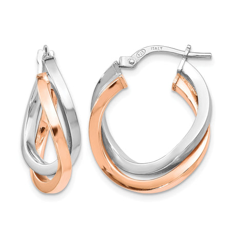 Sterling Silver Twisted Hoop Earrings with Rose Gold Interlocking Design for Women