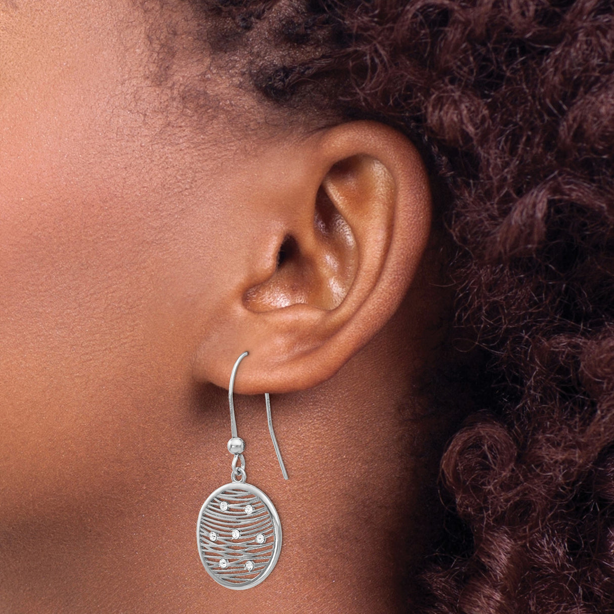 Sterling Silver Dangle Earrings with Cubic Zirconia, Openwork Wavy Design, Round Drop Style