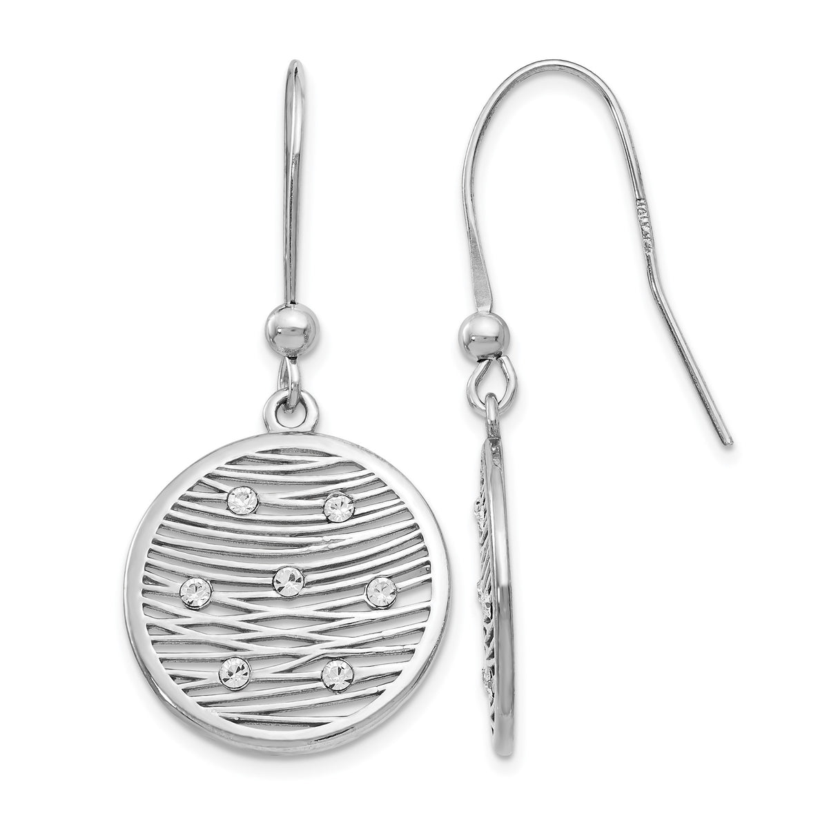 Sterling Silver Dangle Earrings with Cubic Zirconia, Openwork Wavy Design, Round Drop Style