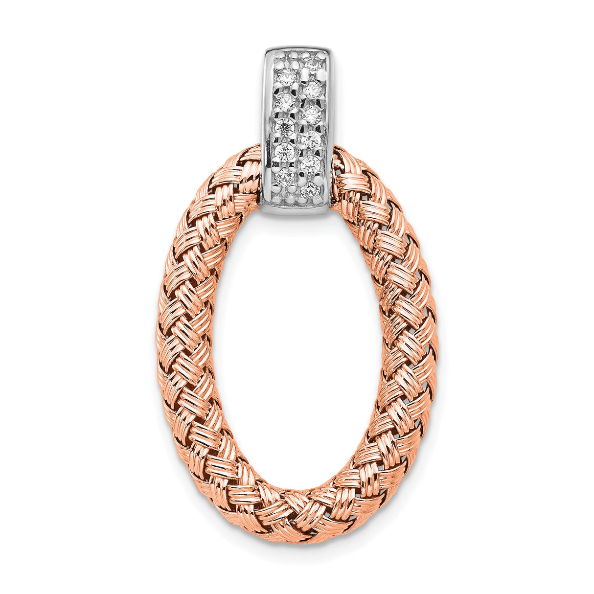 Sterling Silver Woven Oval Pendant with Cubic Zirconia Accent and Braided Texture