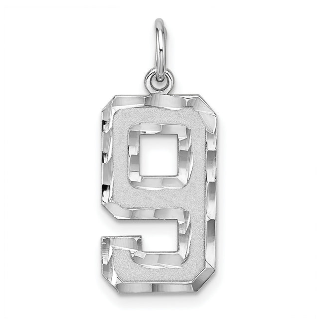 Sterling Silver Number Nine Pendant Charm with Polished and Textured Finish, Unisex Sports Jewelry