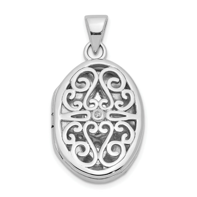 Sterling Silver Oval Locket Pendant with Diamond Accent, Vintage Filigree Photo Keepsake