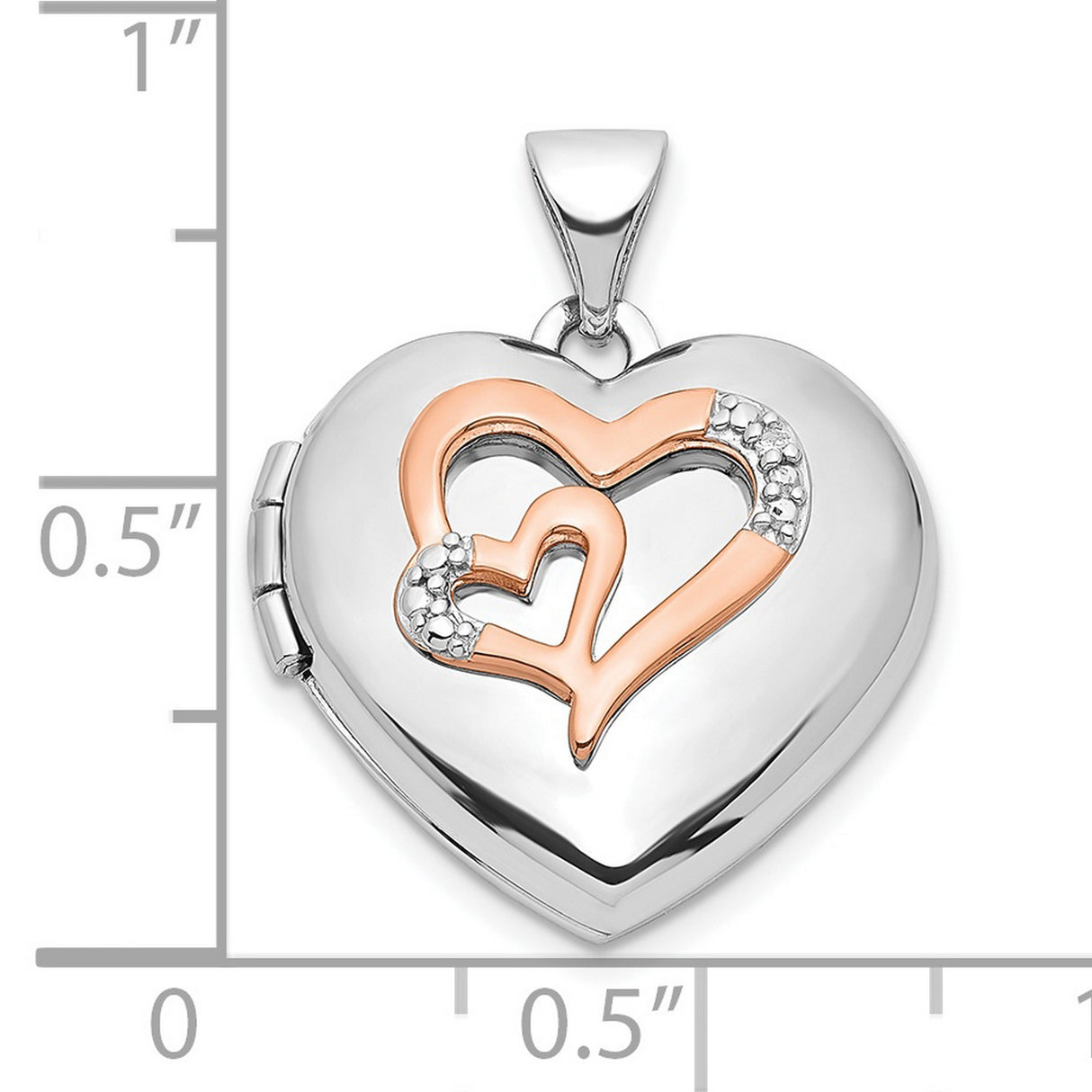Sterling Silver Heart Locket Pendant with Rose Gold Double Heart, Textured Accents, Diamond Accent