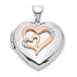 Sterling Silver Heart Locket Pendant with Rose Gold Double Heart, Textured Accents, Diamond Accent