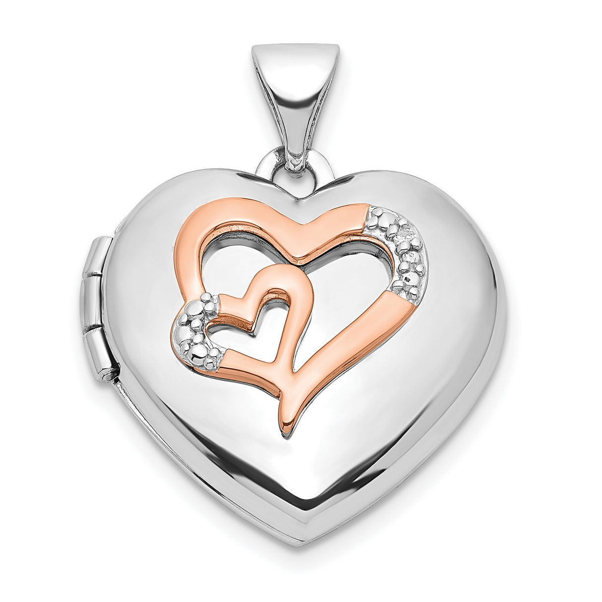 Sterling Silver Heart Locket Pendant with Rose Gold Double Heart, Textured Accents, Diamond Accent