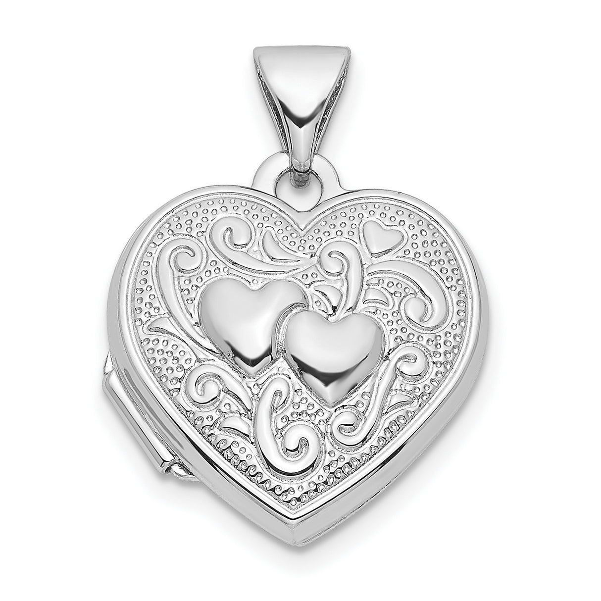 Sterling Silver Heart Shaped Locket Pendant with Embossed Double Hearts and Scroll Detailing