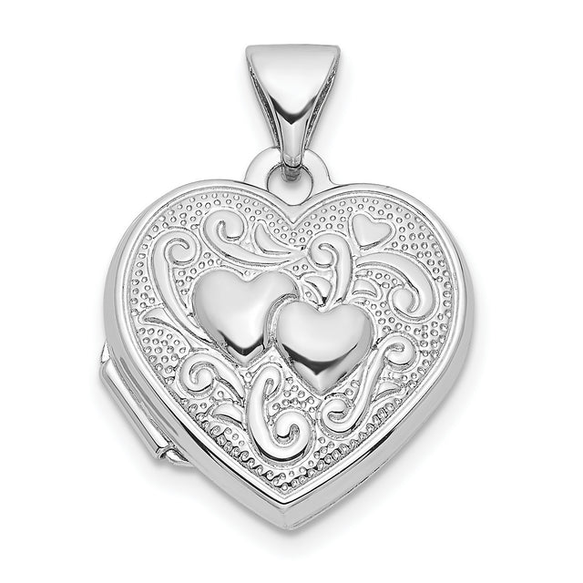 Sterling Silver Heart Shaped Locket Pendant with Embossed Double Hearts and Scroll Detailing