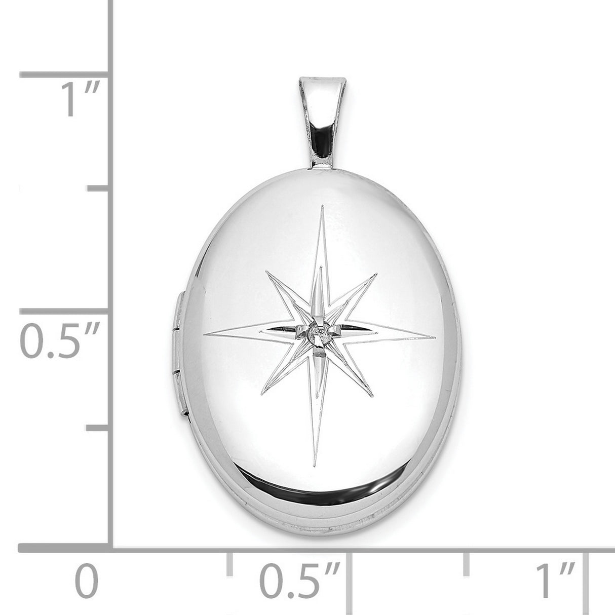 Sterling Silver Oval Locket Pendant with Diamond Center, Compass Rose North Star Design