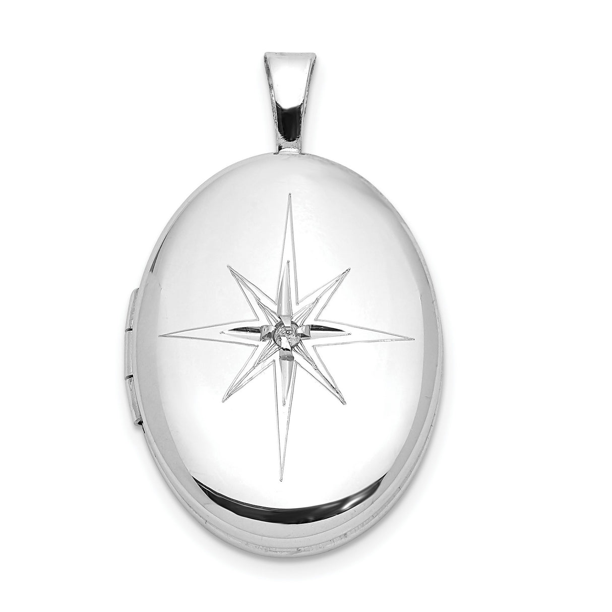 Sterling Silver Oval Locket Pendant with Diamond Center, Compass Rose North Star Design