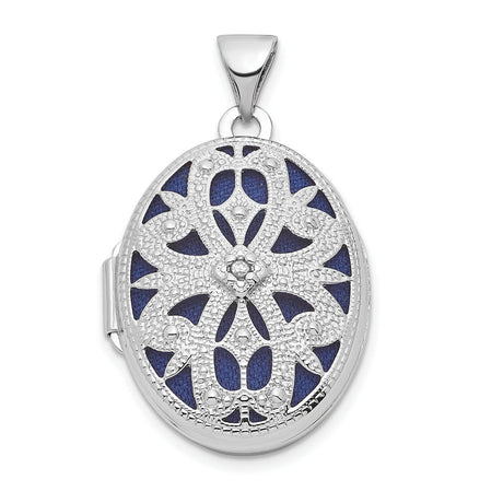 Sterling Silver Oval Photo Locket Pendant with Diamond, Floral Filigree, Vintage Style