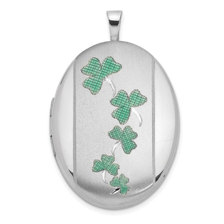 Sterling Silver Oval Locket Pendant with Green Enameled Four-Leaf Clover, Irish Heritage Design