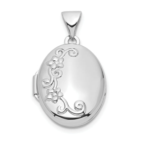 Sterling Silver Oval Locket Pendant with Floral and Scrollwork Design for Women