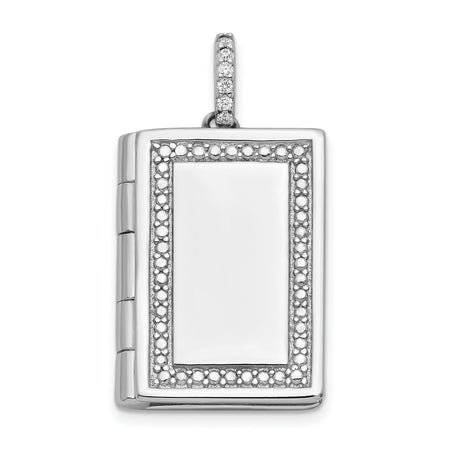 Sterling Silver Rectangular Locket Pendant with Cubic Zirconia and Beaded Border