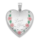 Sterling Silver Heart Locket Pendant with I Love You Engraving and Pink Floral Detail