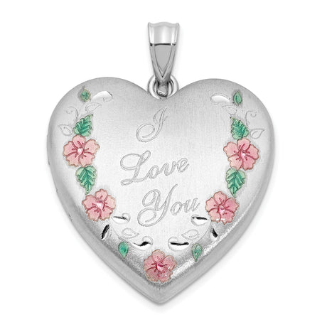 Sterling Silver Heart Locket Pendant with I Love You Engraving and Pink Floral Detail