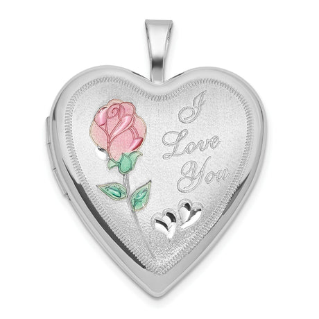 Polished Satin Epoxy 20mm I Love You Heart Locket Charm Pendant in Real 925 Sterling Silver