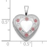 Sterling Silver Heart Locket with Pink Floral Accents and Etched Border